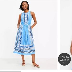 Loft border print cutout midi dress with pockets sz large